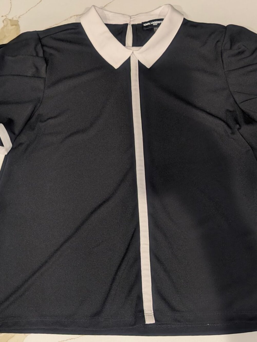 Karl Lagerfield Black Blouse White Collar and Trimmed Sleeves Women Size L